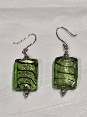 Vintage Handmade Green Black Glass Dangle Earrings